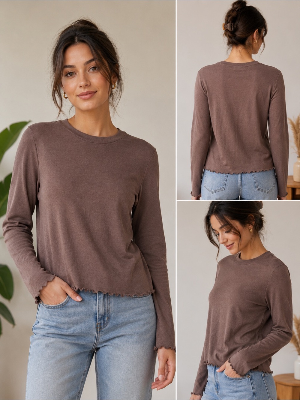 H&M Brown Lettuce-Edge Long Sleeve Tee